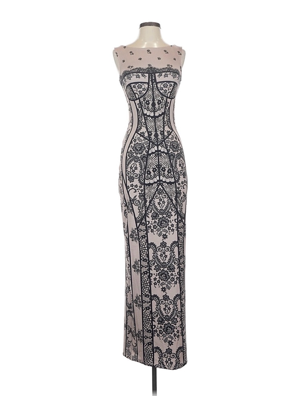 Sleeveless Pink and Black Lace-Patterned Maxi Dress